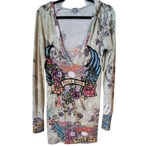 Spy Zone Exchange Women's Multicolor Embellished Graphic Tunic Hoodie Size L